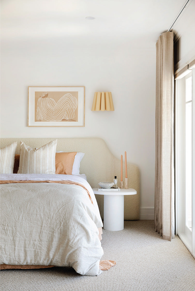 Boucle Bed Head by Create Estate. Extra wide for super king bed made for Three Birds Renovations