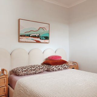 Scotch Finger bed head in white boucle, custom made in Australia, featuring 5 fluted panels - by Create Estate