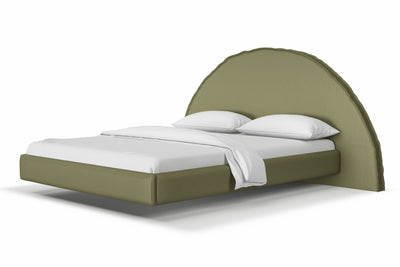 Floating Bed Frame featuring Half Moon round bed head and floating bed base. Upholstered in linen by Create Estate