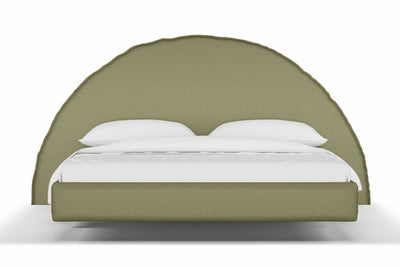 Floating Bed Frame featuring Half Moon round bed head and floating bed base. Upholstered in linen by Create Estate