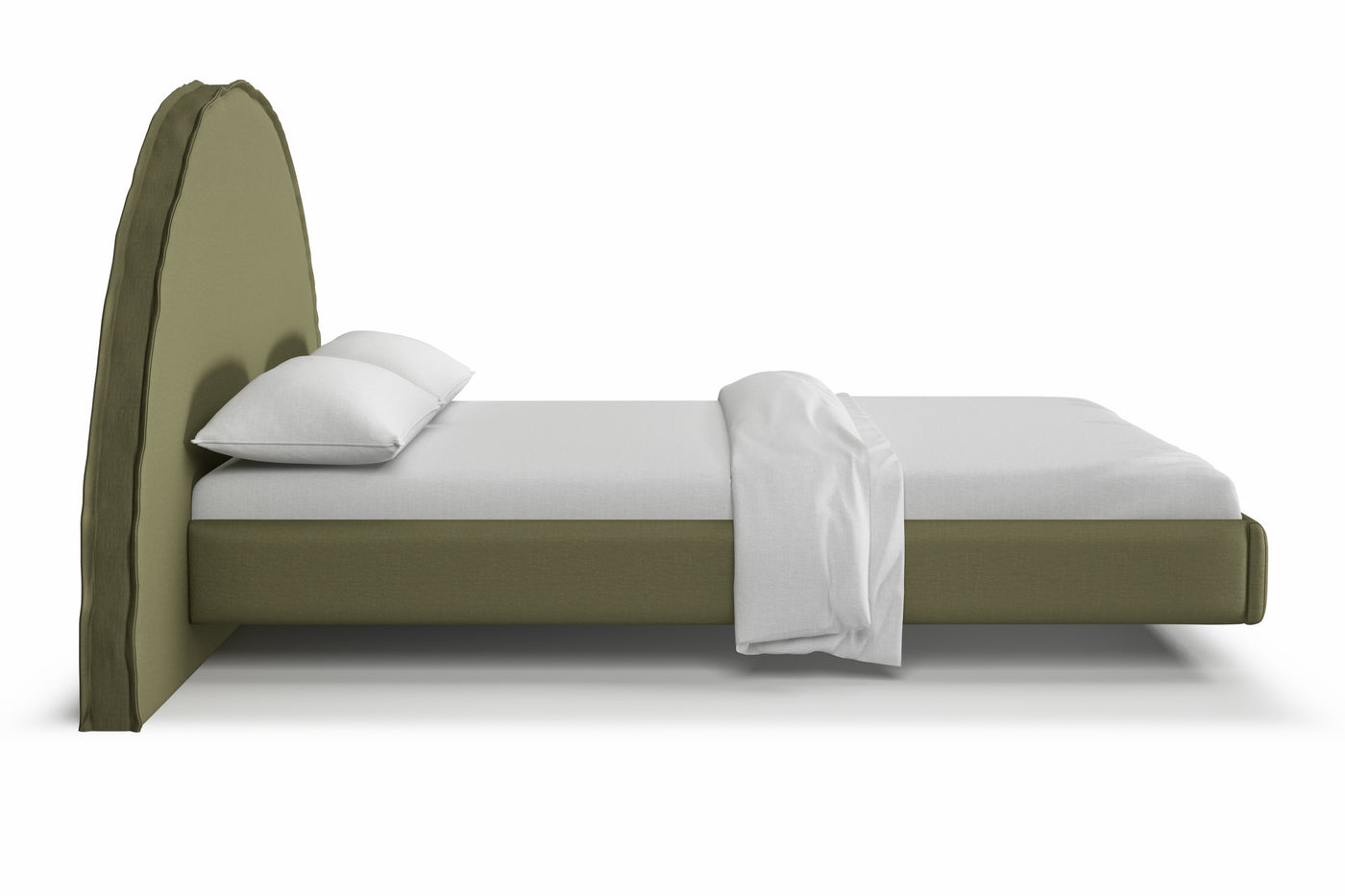 Floating Bed Frame featuring Half Moon round bed head and floating bed base. Upholstered in linen by Create Estate