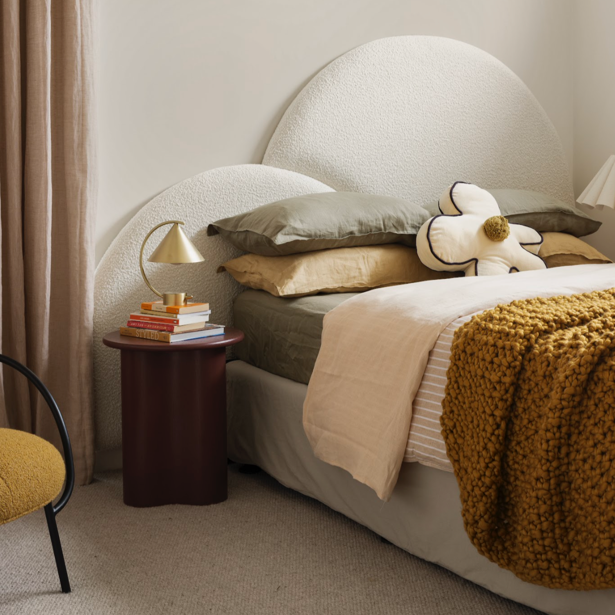 boucle bed head in white pictured in a modern kids bedroom